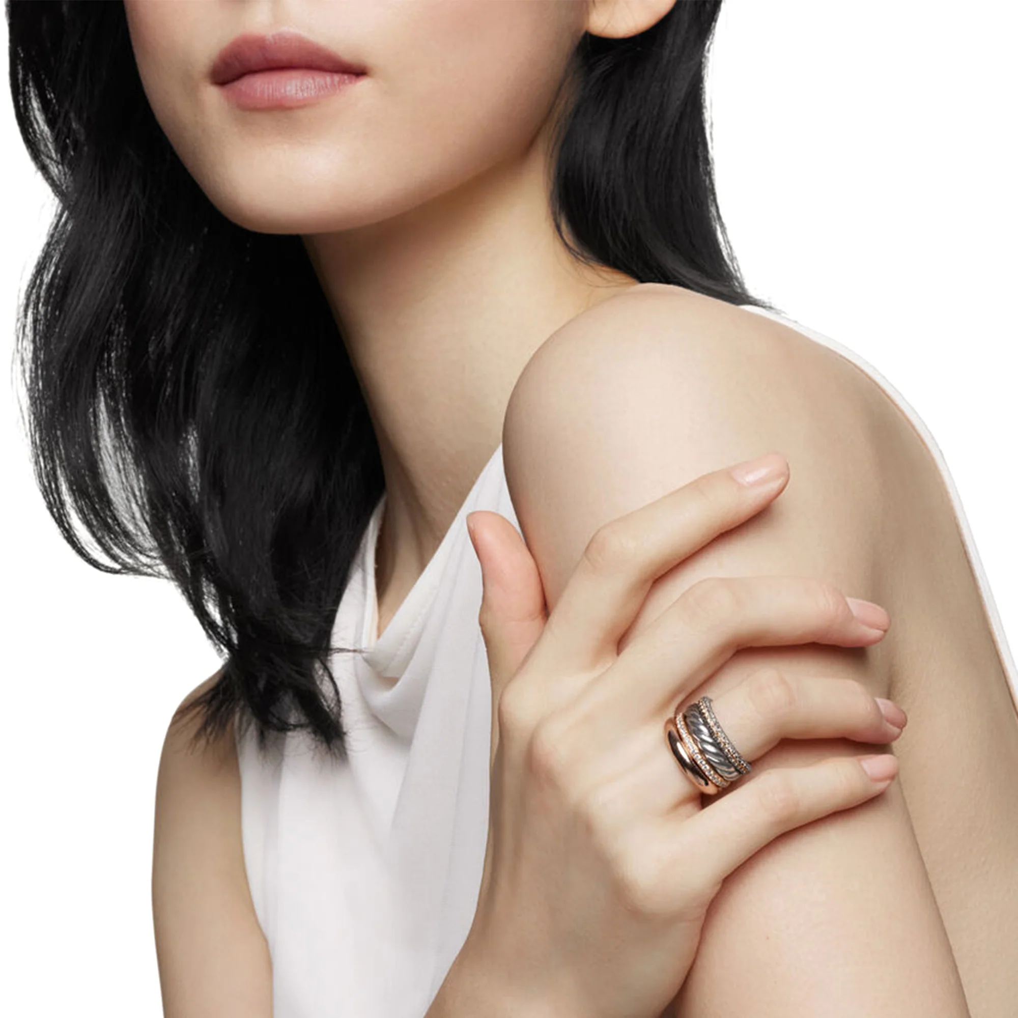 Mercer Melange Multi Row Ring in Sterling Silver with 18K Rose Gold and Pavé Diamonds - Image 3