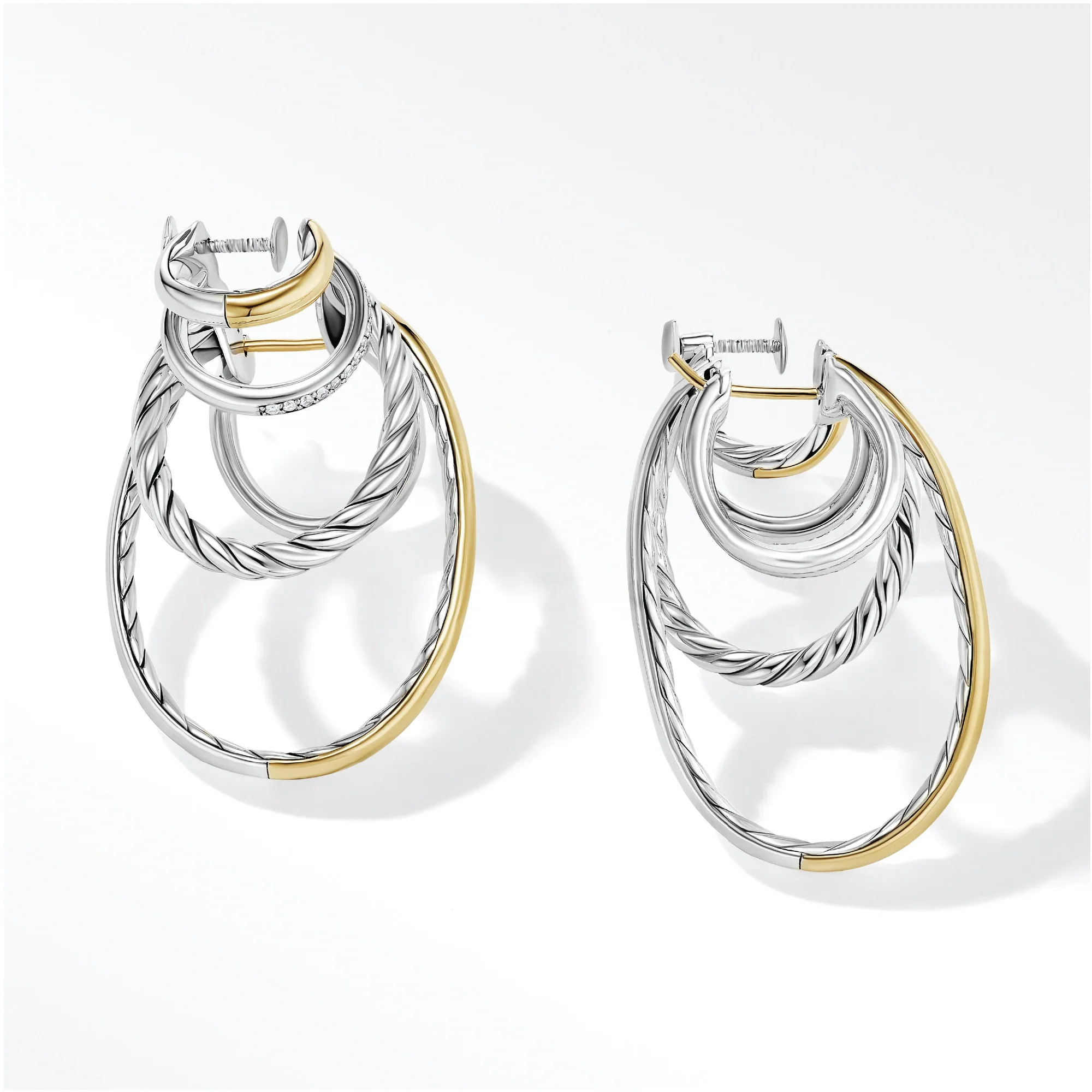 Mercer Multi Hoop Earrings in Sterling Silver with 18K Yellow Gold and Pavé Diamonds - Image 2