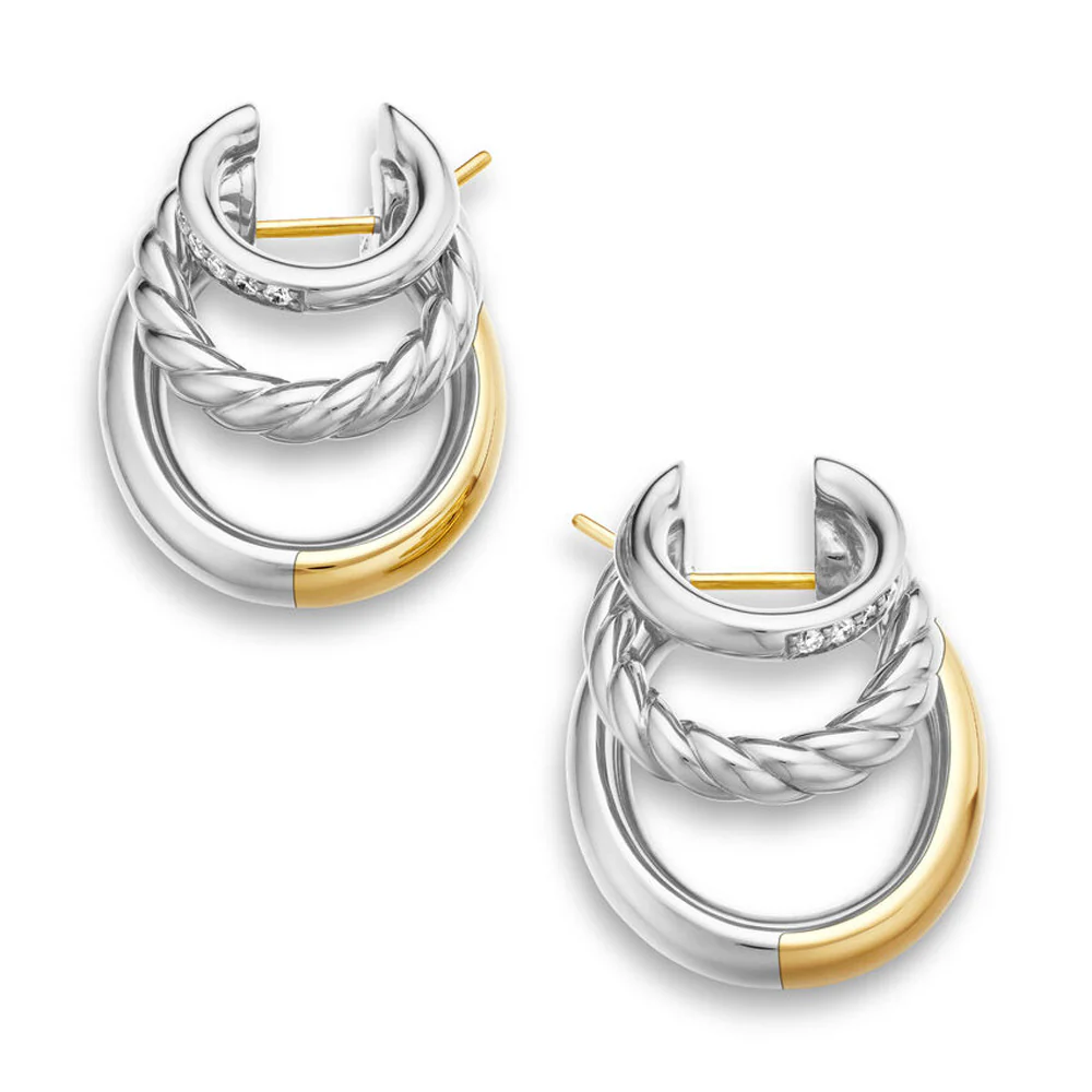 Mercer Multi Hoop Earrings in Sterling Silver with 18K Yellow Gold and Pavé Diamonds - Image 3