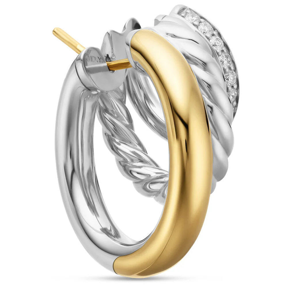 Mercer Multi Hoop Earrings in Sterling Silver with 18K Yellow Gold and Pavé Diamonds - Image 4