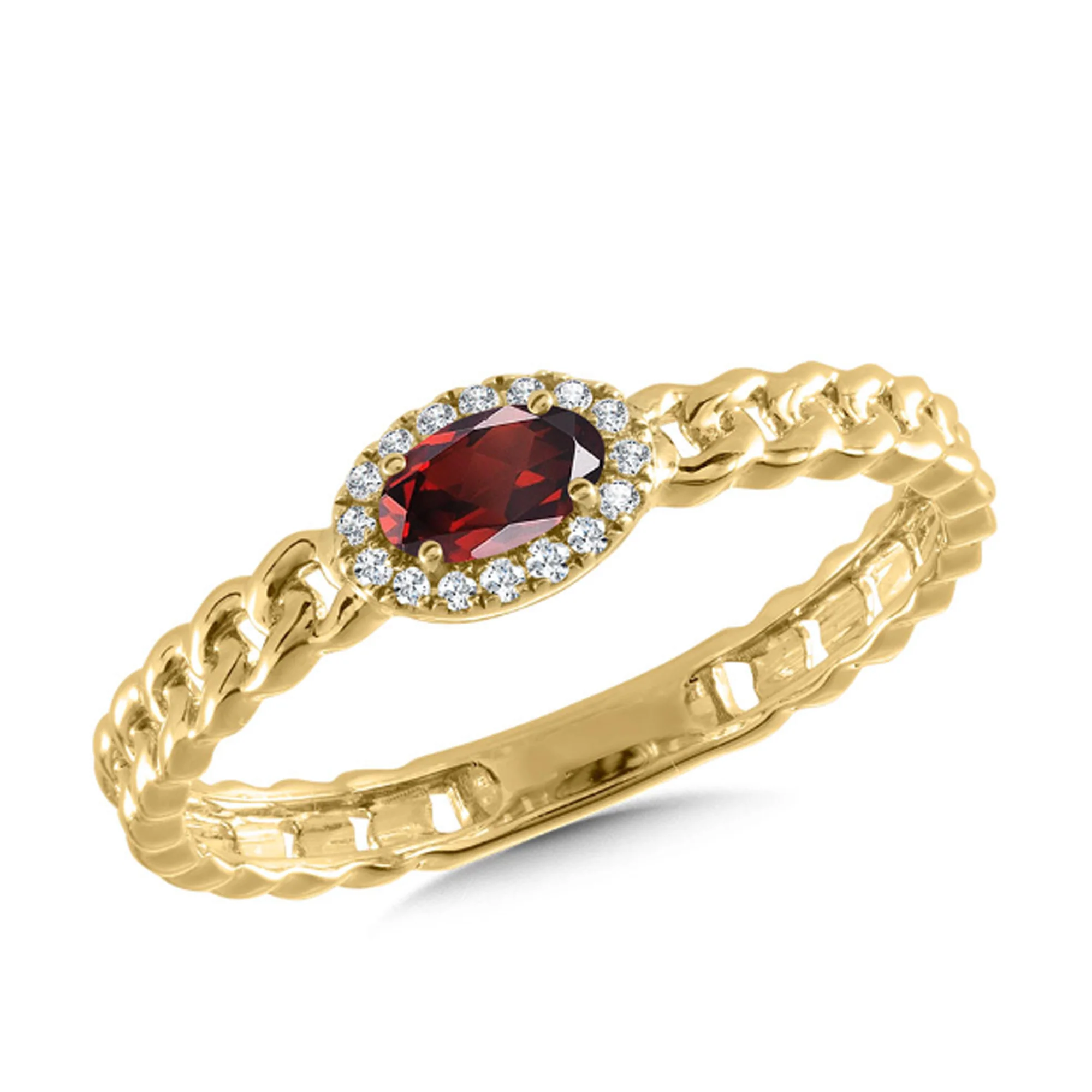 Oval-Cut Red Garnet and Diamond Halo Link Ring in 14K Yellow Gold