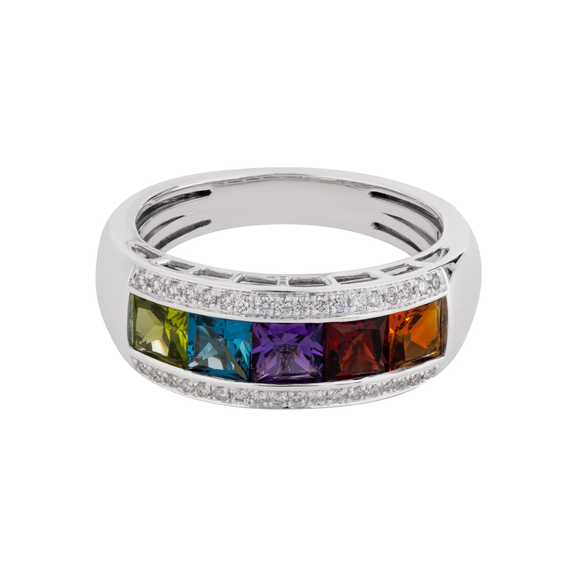 Pavé Diamond Channel-Set Multistone Rainbow Band Ring in 14K White Gold, 1.94cttw