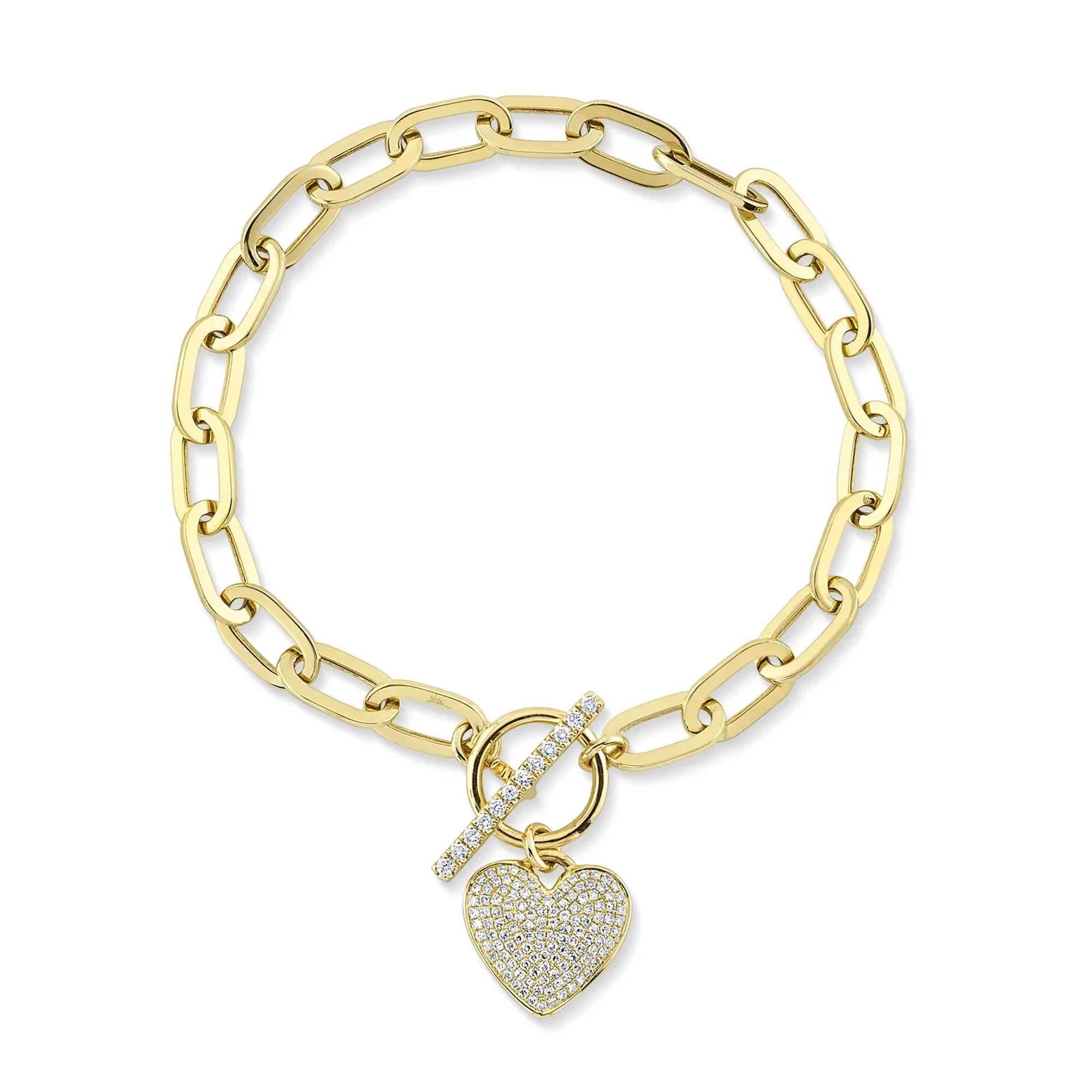 14K Yellow Gold Pave Diamond Heart Paperclip Chain Bracelet