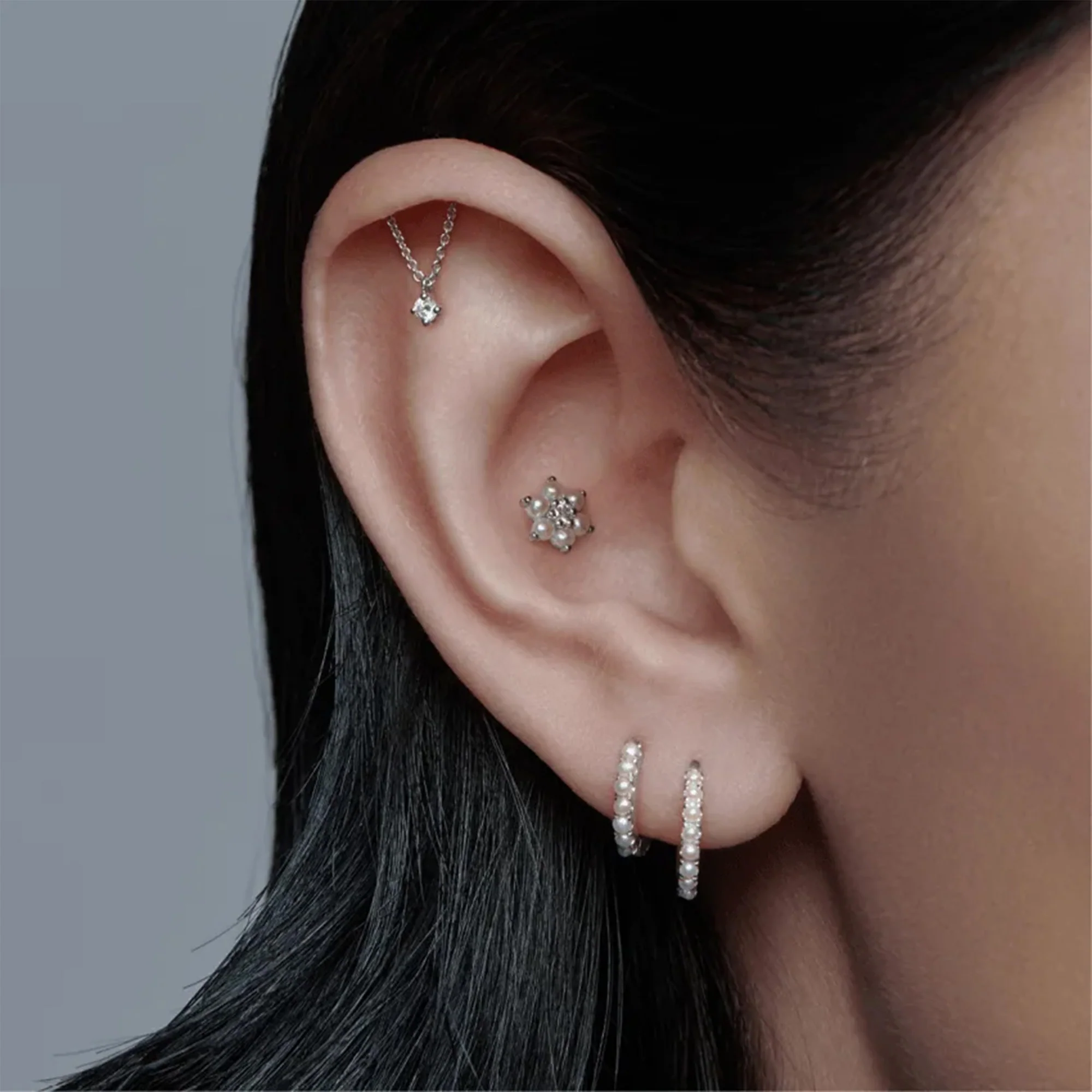 18K Yellow Gold Diamond and Pearl Flower Threaded Stud Earring - Image 2