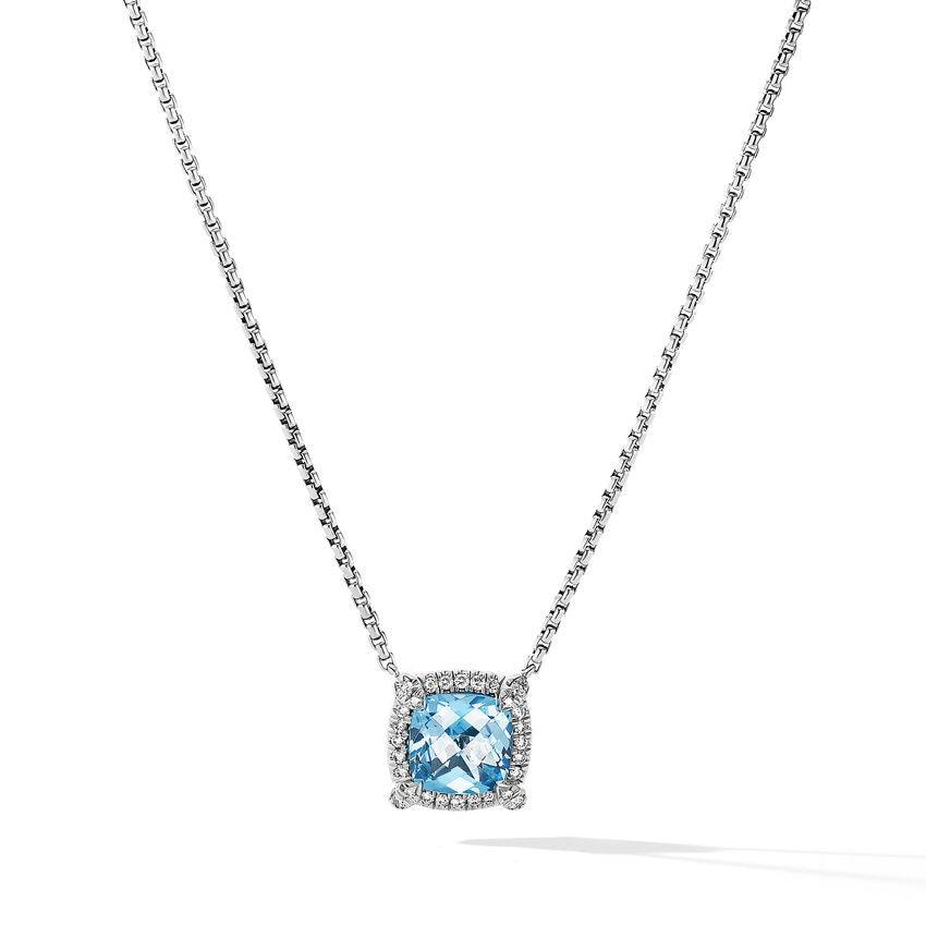 PETITE CHATELAINE PAVE BEZEL PENDANT NECKLACE WITH BLUE TOPAZ AND DIAMONDS