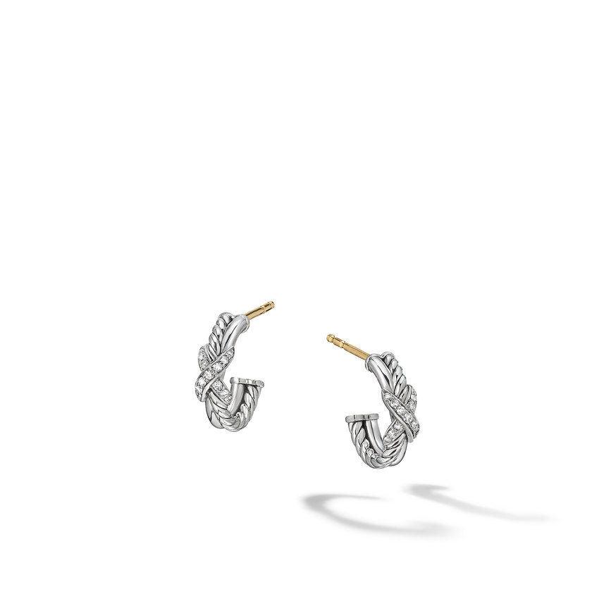 Petite X Hoop Earrings In Sterling Silver With Pavé Diamonds