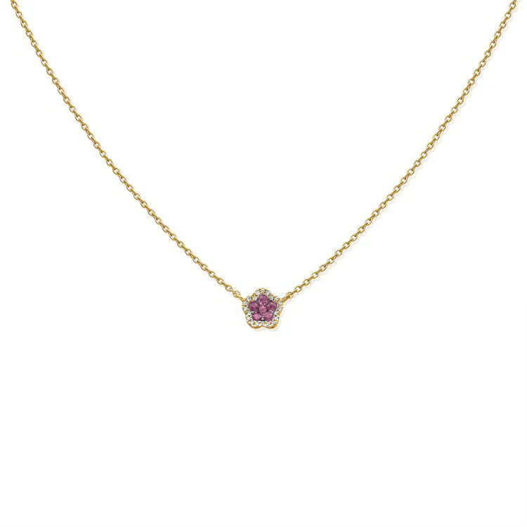 14K Yellow Gold Pink Sapphire and Diamond Flower Necklace