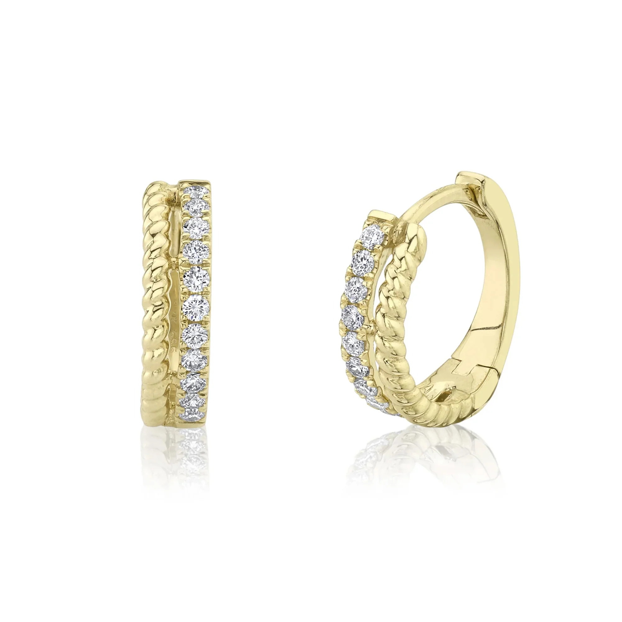 Round Diamond Rope Huggie Earrings in 14K Yellow Gold