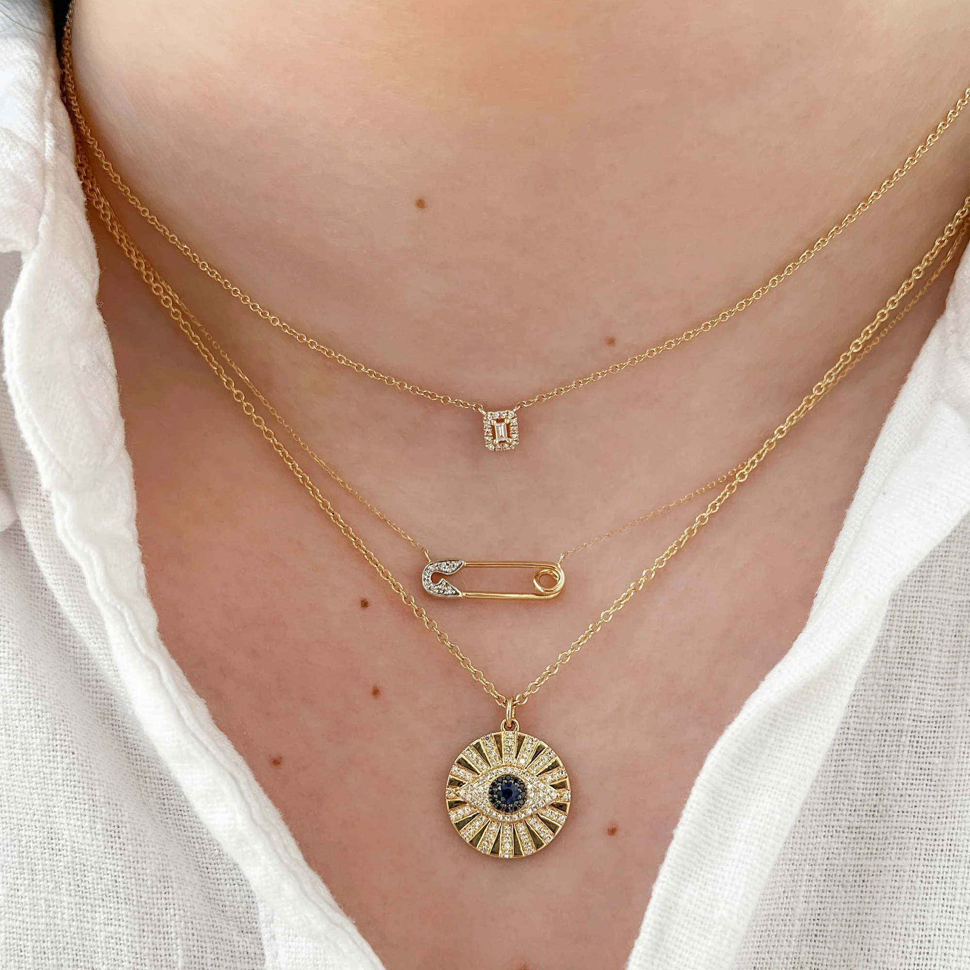 Round Sapphire, Round White and Black Diamond Evil Eye Circle Pendant Necklace in 14K Yellow Gold - Image 2