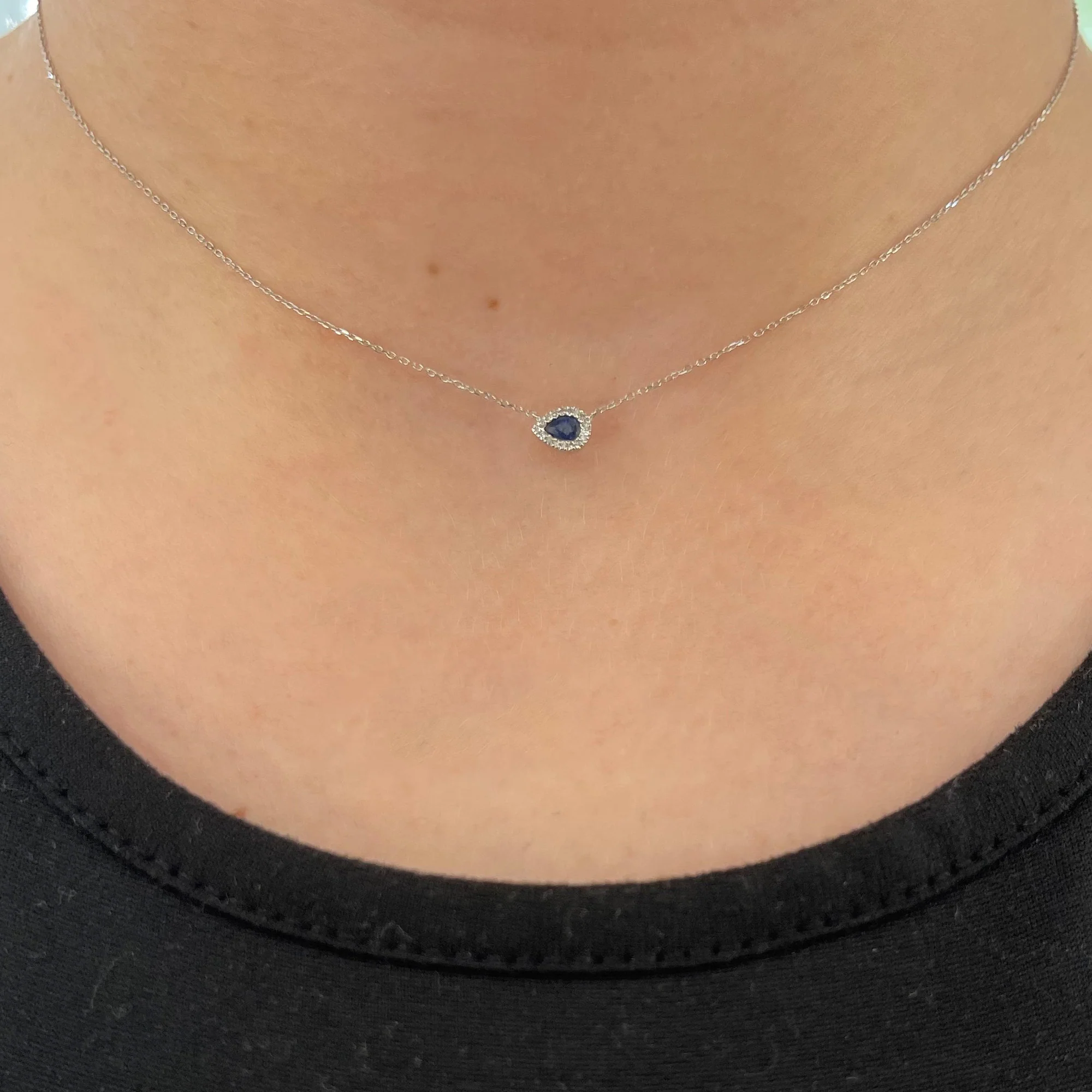14K White Gold Blue Sapphire  Pendant Necklace with Diamond Halo - Image 2