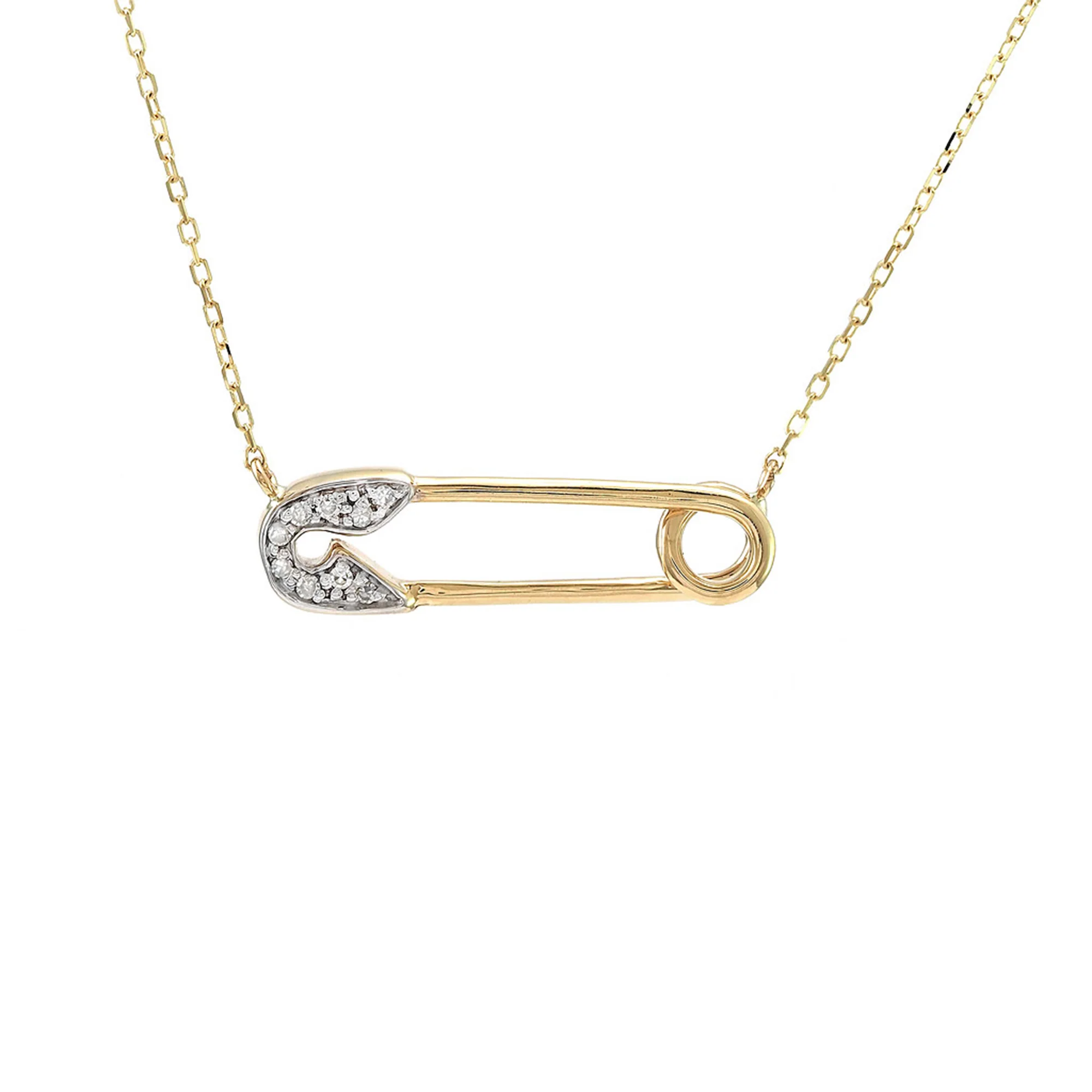 Pavé Diamond Safety Pin Pendant Necklace in 14K Yellow Gold