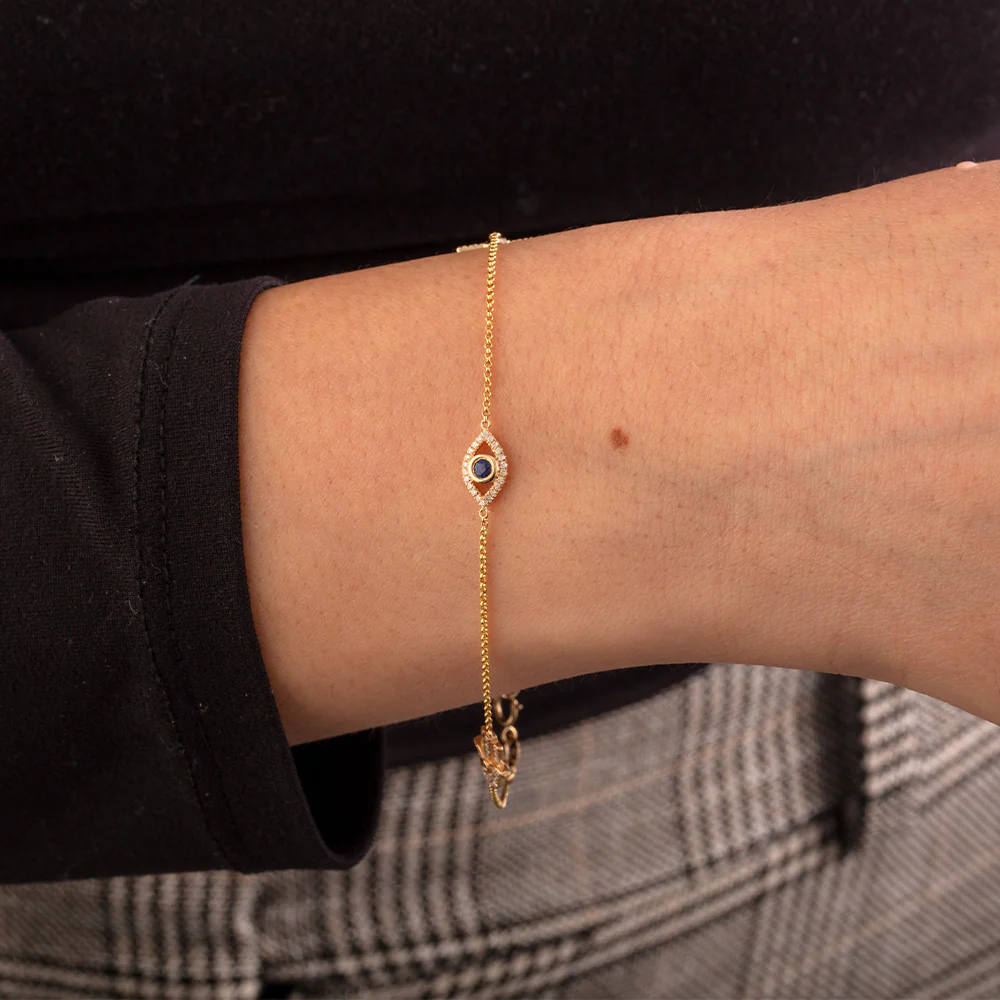 Stationed Star of David, Evil Eye, and Hamsa with Sapphire and Diamond Accents in 14K Yellow Gold - Image 2