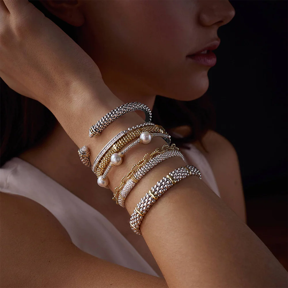 Sterling Silver and 18K Yellow Gold Caviar Station Bracelet - Image 5