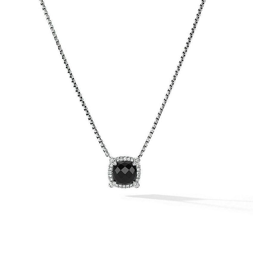 STERLING SILVER BLACK ONYX AND DIAMOND PENDANT NECKLACE