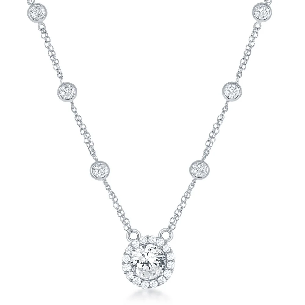 Cubic Zirconia By the Yard and Halo Pendant Necklace in Sterling Silver