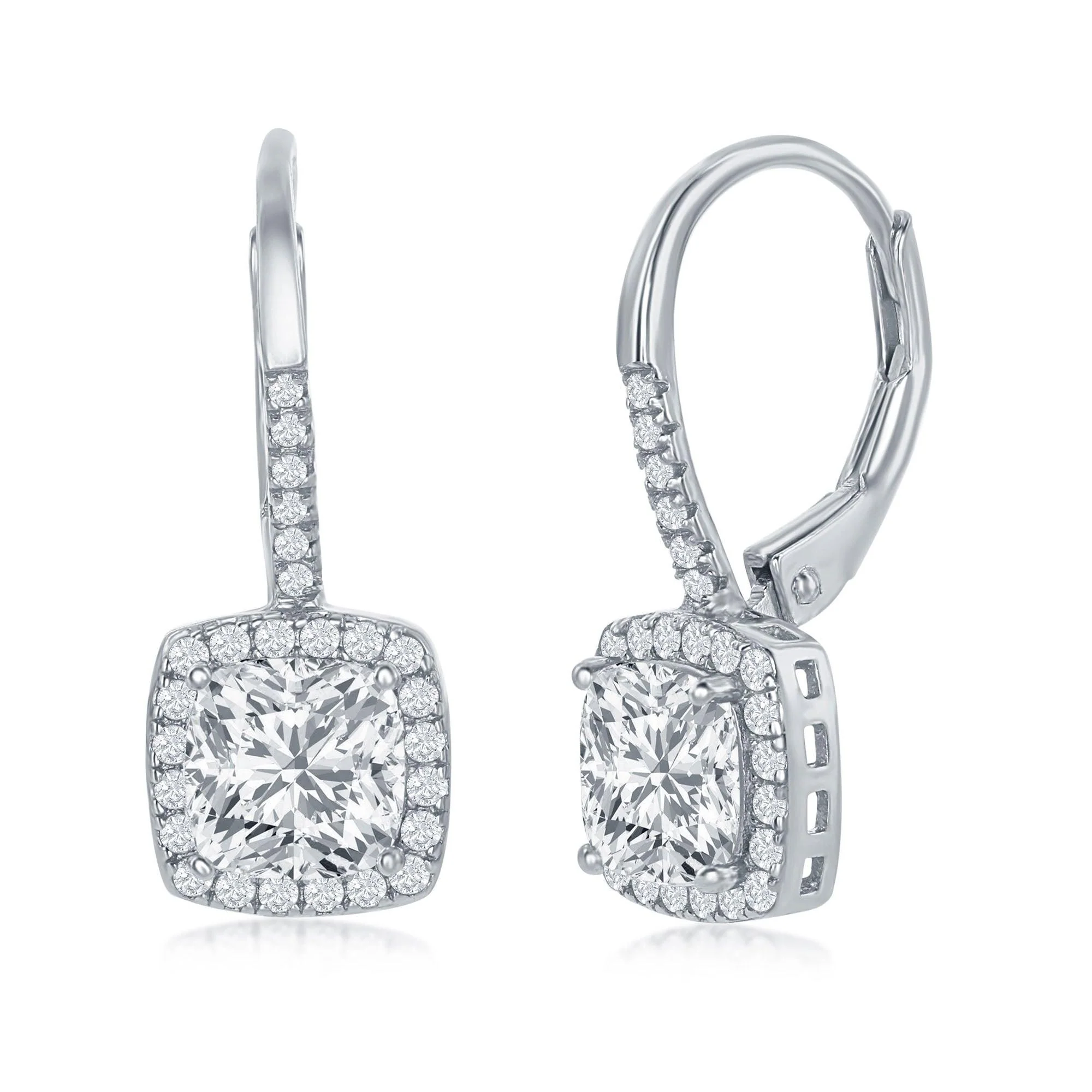 Halo Cushion Cubic Zirconia Dangle Drop Earrings in Sterling Silver