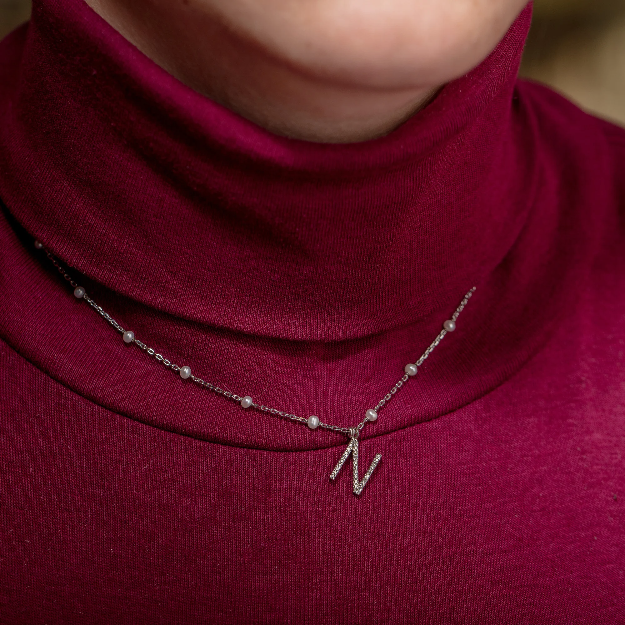 Diamond Initial 'L' Necklace with Cultured Pearls in Sterling Silver - Image 2