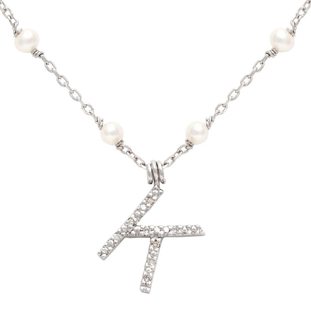 Sterling Silver Diamond Initial 'K' Necklace With Cultured Pearls