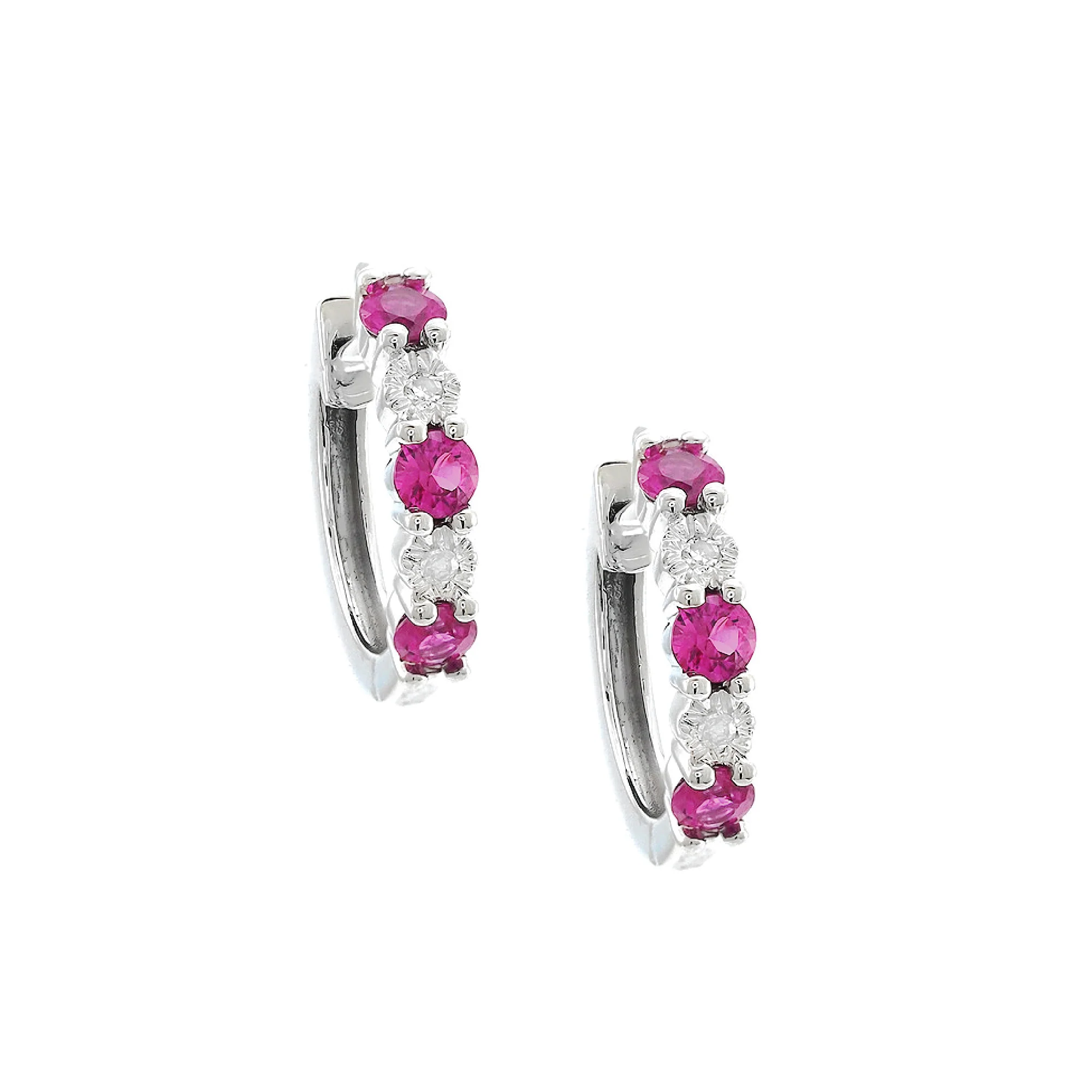 Ruby and Diamond Huggie Hoop Earrings in 14K White Gold, 0.44cttw