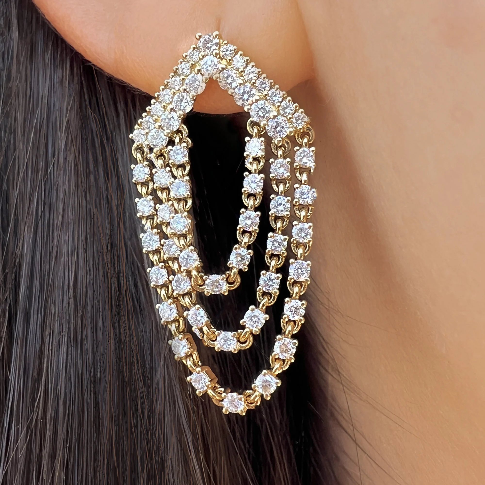 Three-Strand Dangle Drop Diamond Earrings in 14K Yellow Gold - Image 2