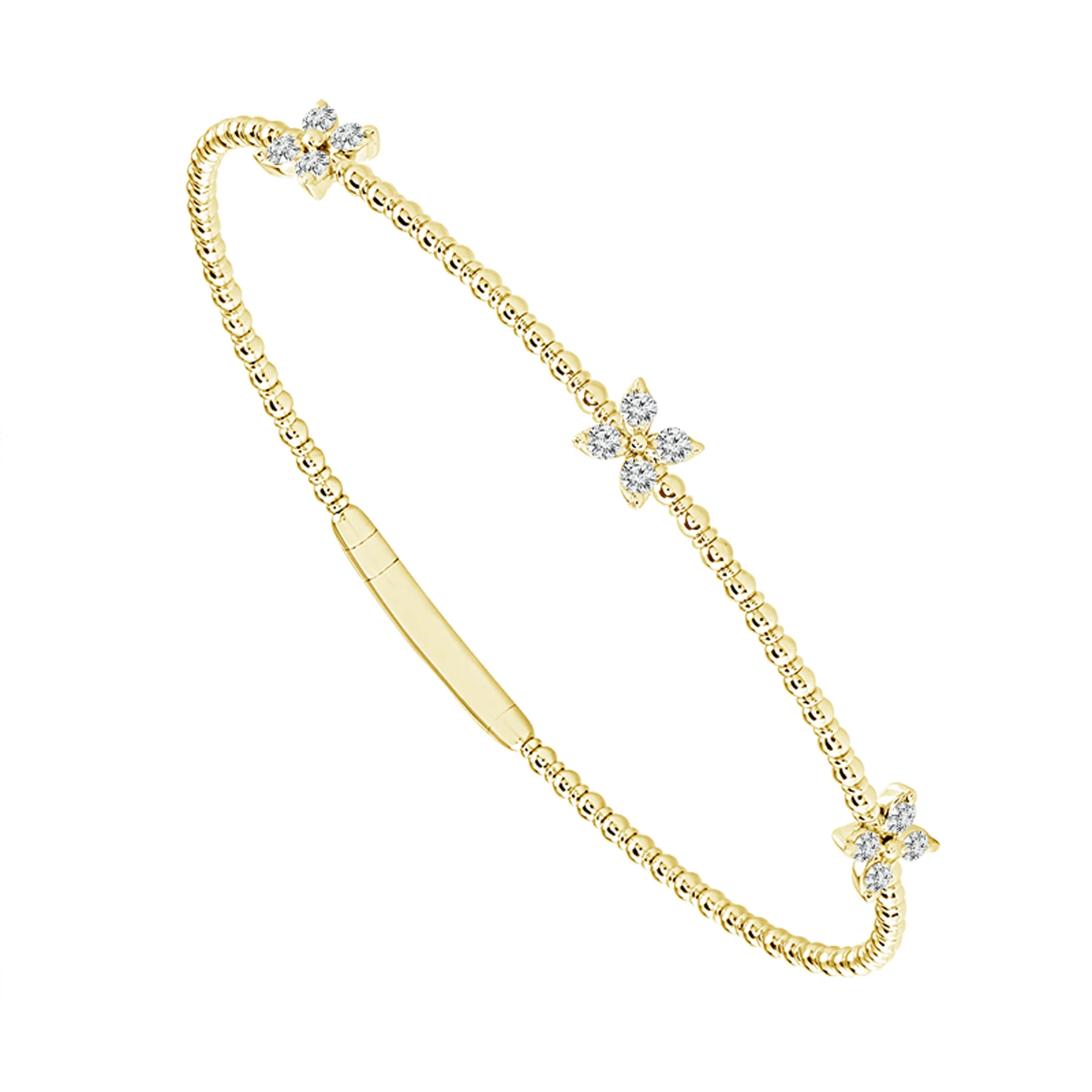 Titanium Diamond Flower Station Flex Bangle Bracelet in 14K Yellow Gold, 0.33cttw