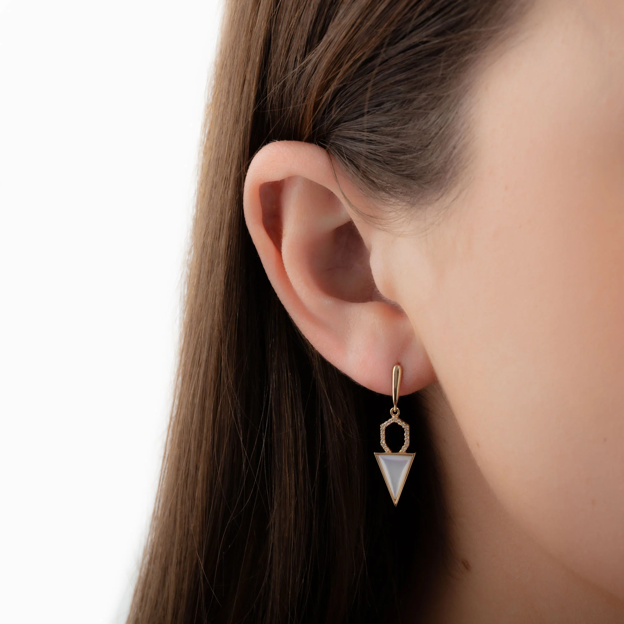 Trillion Mother of Pearl and Diamond Drop Earrings in 14K Yellow Gold - Image 2