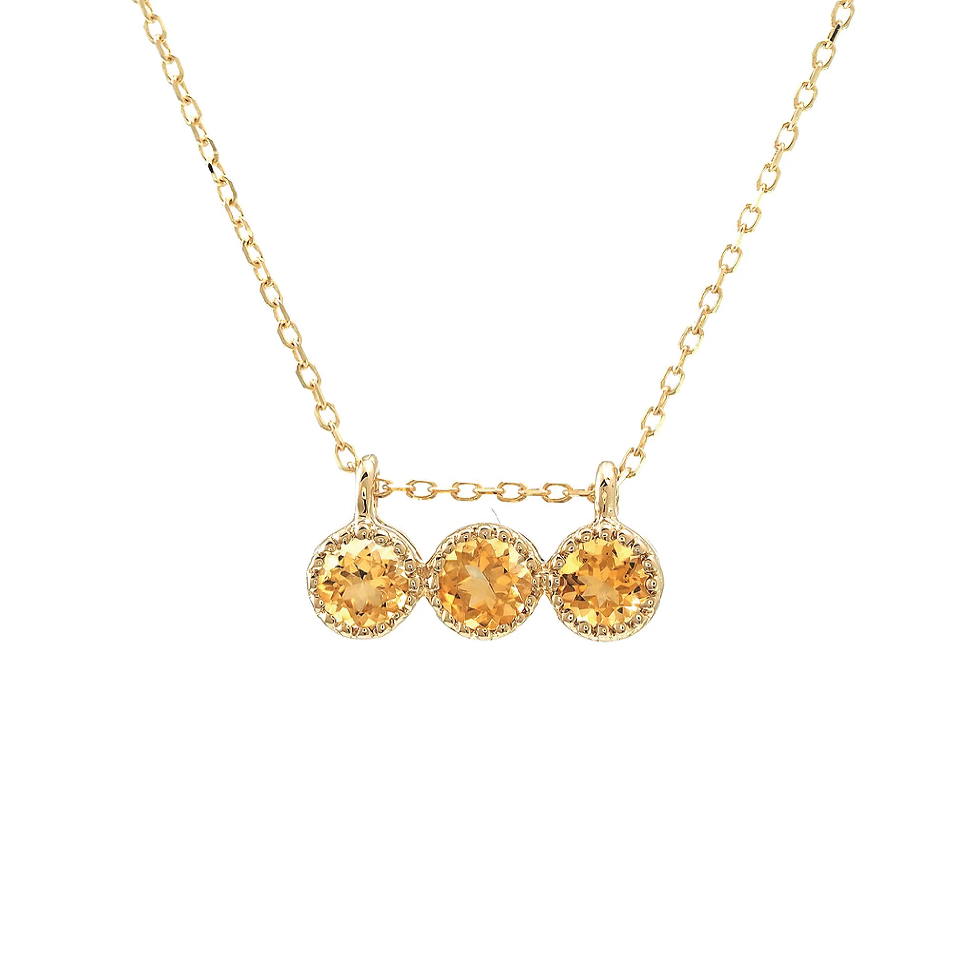 14K Yellow Gold Round Bezel Set Citrine Trio Necklace