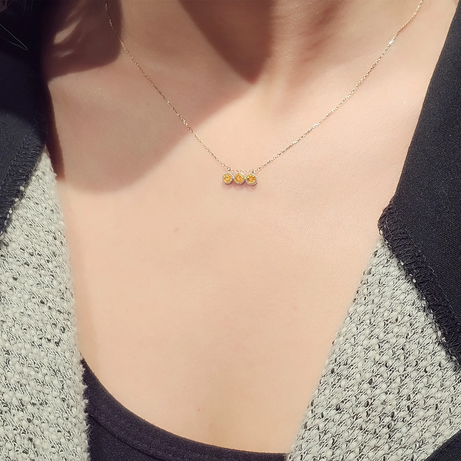 14K Yellow Gold Round Bezel Set Citrine Trio Necklace - Image 2
