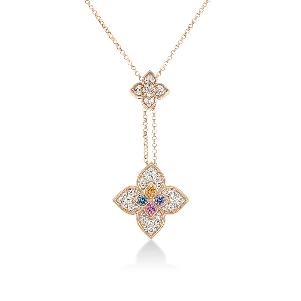 Venetian Princess Carnival Pave Diamond & Mixed Stones Double Flower Y-Necklace in 18K Rose Gold, 0.69cttw